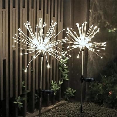 [HFLYJPYW] HFLYJPYW Solar Firework Lights 2Pcs Garden Lights Outdoor Waterproof, 120 LED with 8 Modes Twinkling and Steady-On, Festive daysStarburst Lights for Path, Patio, Yard (Cool White)
