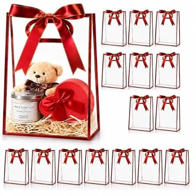 [BEFEIEULEAQ] BEFEIEULEAQ 16 Pcs Clear Gift Bags with Ribbon and Handles, 10 x 7 In,Redgolden