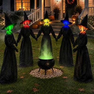 [Zesua] Halloween Decorations Outdoor - 5 Pack 4.3 FT Light Up Holding Hands Witches with Color Changing Glowing Faces - Halloween Witch Decor with Stake for Yard Lawn Garden Porch Haunted House Decor
