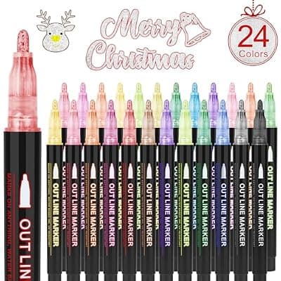 [OLINGYOU] OLINGYOU 24 Pack Double Line Outline Markers, Squiggles Shimmer Markers Set, Self Outline Metallic Glitter Marker Pens for Christmas,Art, Drawing, Writing, Greeting Cards, DIY, Scrapbook, Easter Eggs