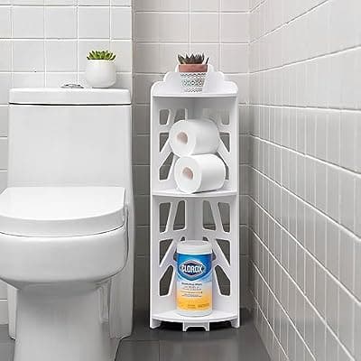 [J JINXIAMU] J JINXIAMU, 3-Shelf Corner Shelf Stand: Small Bathroom Organizer, Forests Style, White, Waterproof, 31.5H x 10.8W x 7.3D inches, JXM2022-WH