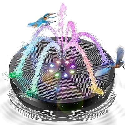 [OVIBIRD] 3.5W Solar Fountain,Upgraded 100% Glass Panel Solar Bird Bath Fountain with 2000mAh Battery,7 Color RGB LED Lights & 6 Nozzles,Solar Fountain for Bird Bath,Garden, Pond, Pool, Outdoor Decor(Black)