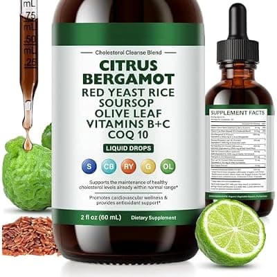 [OMZOK] Red Rice Yeast for Cholesterol Support - High Absorption Citrus Bergamot Cholesterol Supplements Blend with Red Yeast Rice Extract Liquid, Soursop Drops, Garlic, Olive Leaf & Vitamin C D3 - 2 Fl Oz