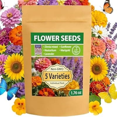 [LUOJIBIE] LUOJIBIE 5 Varieties Flower Seeds in Individual Packs, Includes Zinnia, Lavender, Sunflower, Marigold Nasturtium, 15,000+ High Germination Non-GMO Seeds for Planting Indoor Outdoor, Open Pollinated