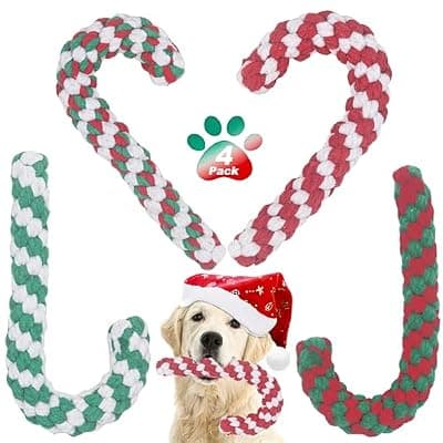 [Onwoli] Onwoli Christmas Dog Rope Toys, Christmas Cane Candy Rope Toy, 4 Packs Dog Interactive Chewing Toys for Puppy Small Medium Dogs Training Playing Teething Cleaning, for Dogs