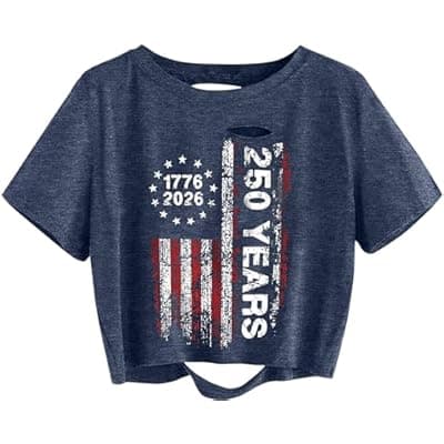 [WIRBCK] WIRBCK 4th of July Shirts Women 250 Anniversary USA Shirt Patriotic Ripped Crop Tops American Flag Graphic Tee Top
