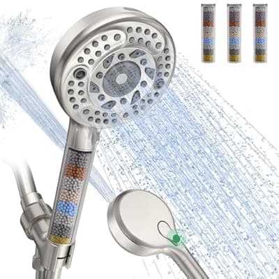 [SunCleanse] SunCleanse Filtered Shower Head with Handheld,9-Spray Setting Detachable Shower Head with 4 Filters for Hard Water - Filter Chlorine, Improve Skin and Hair Texture (4 Filters, Brushed Nickel)