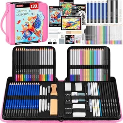 [POPYOLA] 133 Pack Art Supplies Sketching Kit with Sketch Book, Coloring Book, Watercolor Pad, Black Paper Pad, Tutorial, Graphite Colored Charcoal Watercolor & Metallic Pencils for Artists Beginners Adults