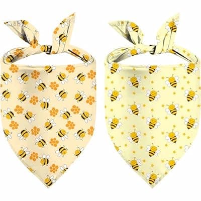 [JZWEIXIA] Spring Summer Dog Bandanas Reversible Large 2 Pack, Floral Bee Set, Adjustable Triangle Holiday Yellow Scarves