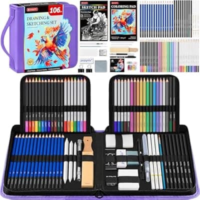 [POPYOLA] 106 Pack Art Supplies Sketching Kit with 3-Color Sketchbook, Coloring Book, Tutorial, Graphite Colored Charcoal Watercolor & Metallic Pencils, Drawing Supplies Gift Case for Artists Beginners Adults