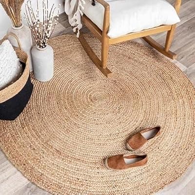 [KEMA] Jute Braided Area Rug, 5 feet Round, Stain Resistance Natural Handmade Circle Boho Area Rug for Entryways, Living Room, Bedroom, Farmhouse Vintage Decor, Reversible Jute Rug