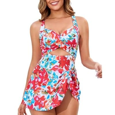 [MFAVIP] MFAVIP One Piece Swimsuit Women Tummy Control Swim Dress Sexy Criss Cross Tie Back Bathing Suit