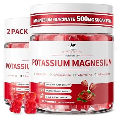 [MABEFY] 2 Pack Potassium Magnesium Gummies, Sugar Free Potassium Supplement Magnesium Glycinate 500mg, Ashwagandha, Vitamins D3, C, B6, Calcium & Zinc for Sleep, Leg Cramps & Muscle Relaxation-120 Count