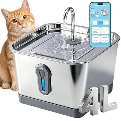 [EMUST] Cat Fountain Stainless Steel, 135oz/4L Pet Water Dispenser with App Monitoring, 4000mAh Operated Water Dispenser for Cats & Dogs,Ultra Quiet, LED Water Level Window Cat Fountain (2 Filter& 3 Sponge)