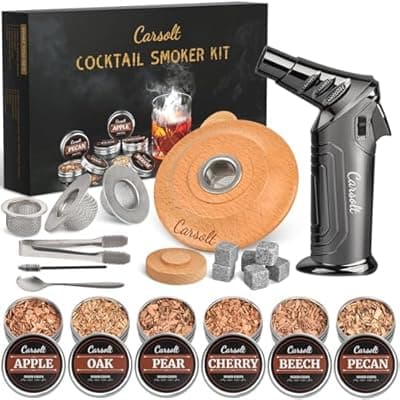 [Carsolt] Cocktail Smoker Kit with Torch - 6 Flavors Wood Chips, 4 Metal Filters, Whiskey Smoker Infuser kit for Bourbon Whisky Cocktail, Old Fashioned Drink Smoker Kit Gifts for Men, Dad, Husband(No Butane)