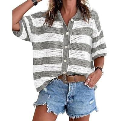 [Cicy Bell] Cicy Bell Womens Summer Striped Crochet Cardigan Sweater Half Sleeve Button up Tops Loose Fit Cover Up