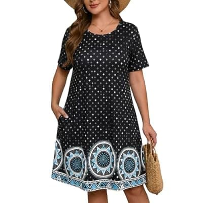 [AusLook] AusLook Plus Size Midi Dress for Women Loose V Neck Short Sleeve Summer Casual A Line T Shirt Sundresses with Pockets 1X-5X