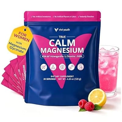 [VIVI Youth] VIVI Youth Calm Magnesium Powder for Women with KSM-66 Ashwagandha, L-Theanine & GABA — Magnesium Glycinate for Night Relaxation, Stress Relief & Muscle Relaxation — Raspberry Lemonade Flavor, 20 Ct