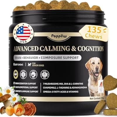 POPPAW Advanced Calming Chews for Dogs-Brain & Composure Support with 7 Mushrooms, Ashwagandha, Omega-3 DHA & EPA, Anxiety Relief Dog Calming Treat, All Breeds & Sizes, Salmon Flavor, 135Ct