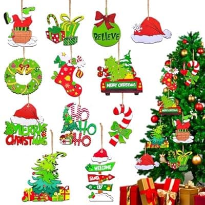 [YXOTJHS] 12 Piece Christmas Tree Decorations Set, Wooden Christmas Ornaments Bulk, Small Hanging Holiday Decorations, Indoor Xmas Decor, Classic Cute Green Ornament
