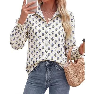 [BTFBM] BTFBM Long Sleeve Blouses for Women, Floral V Neck Button Down Shirts, Smocked Cuffs, Business Casual Summer Outfits 2026