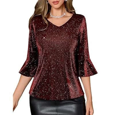 [HomRain] HomRain Sparkly Tops for Women Dressy Casual V Neck Sheer Glitter Blouses 3/4 Bell Sleeve Loose Fit Spring Summer Top
