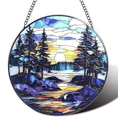 [YOJOB] Stained Glass Window Hanging，Sunset Lake Mountains Tree Sun Catcher for Garden Home Decor,Landscape Suncatcher Decor for Birthday Gifts for Women Wife Mom and Loves 7.8 in