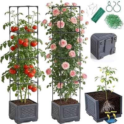 [Jesosia] Jesosia Tomato Planter Box with Trellis & Wheels - Rolling Raised Garden Bed with Tomato Cages for Climbing Plants - Mobile Tomato Pots w/Cage Plant Support for Flower Vegetable Vine Indoor Outdoor