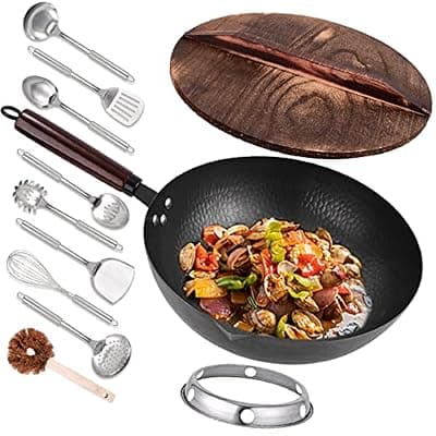 [Leidawn] Leidawn 12.8" Carbon Steel Wok-11Pcs Woks & Stir Fry Pans Wok Pan with Lid, No Chemical Coated Chinese Woks with 10 Cookware Accessories, Flat Bottom Wok for Electric, Induction,Gas Stoves