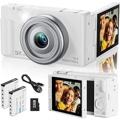 [Jexylon] True 5K Digital Camera for Photography, Autofocus 80MP with 18X Digital Zoom 3" 270° Flip Screen Dual-Lens Selfie Camera for YouTube Vlogging & Content Creation, 2 Batteries, 32GB Card & Flash,White