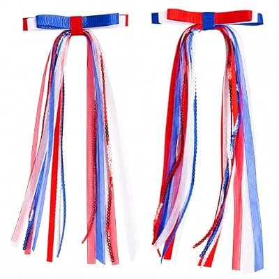 [Beleki] 4th of July Hair Bow Clips, 2 Pack Sparkly Sequins Red White Blue Hair Bows with Tail, Patriotic Cheer Hair Accessories for 250th America Independence Day, Parade & Fireworks Party Supplies