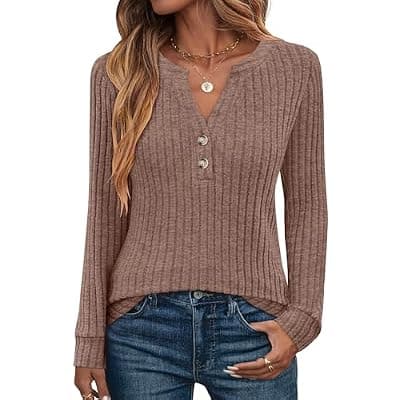 [ANRABESS] ANRABESS Womens Long Sleeve Henley Shirts 2026 Fall Tunic Tops Ribbed Knit Lightweight Sweaters Dressy Casual Blouse Outfits