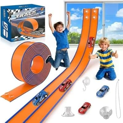 [DKOXT] DKOXT 15 Ft Flexible Race Track for Kids, DIY Car Track Set with 2 Toy Cars & 3 Suction Cup Ramps, Easter Basket Stuffers for Teens & Boys Girls, Creative Easter Gifts for Kids, Orange