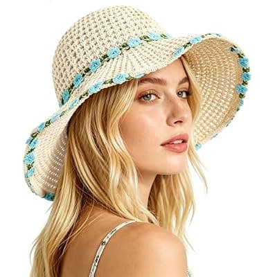 [Skdgih] Summer Straw Beach Sun Hats for Women Floppy Wide Brim Travel Bucket Hat Foldable Packable