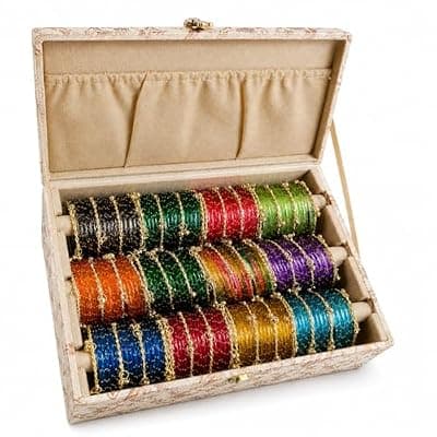 [Generic] Multicolour glass bangles with ghungroo bangles combo set of 12 dozen with organiser box, bridal bangle sets, wedding gift boxes, jewellery sets festive