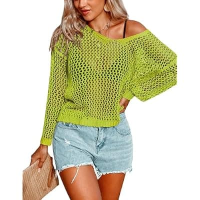 [AI'MAGE] AI'MAGE Womens Crochet Tops Long Sleeve Hollow Out Swim Cover Up 2026 Beach Bikini Swimsuit Summer Tunic Top