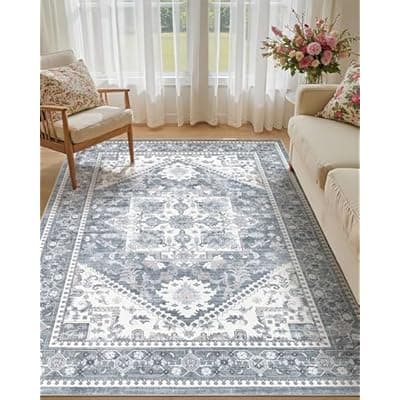 [Micgeek] Micgeek 5x8 Vintage Area Rug: Washable Neutral Soft Non Slip Thin Large Floor Carpet for Living Room Bedroom Kitchen Dining Room Home Office Farmhouse Indoor - Blue