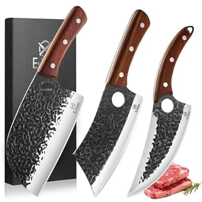 [Ethyxe] Ethyxe Butcher Knife Set – 3PCS Hand Forged Kitchen Knife Set with Serbian Chef Knife, Viking Boning Knife & Meat Cleaver, High Carbon Steel for Meat Cutting, Outdoor BBQ, Camping, Gift for Men