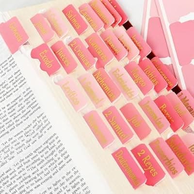 90 Pieces Pink Bible Tabs for Women, Pestañas para Biblia En Español, Spanish Waterproof Cute Bible Laminated (Gold Foil Embossed) Index Tabs Study Supplies, Baptism Christian Gifts for Beginner