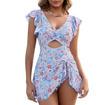 [MFAVIP] MFAVIP Women One Piece Swim Dress Tummy Control Swimsuits V Neck Ruffle Bathing Suit Cutout Wrap Side Tie Swimwear with Skirt