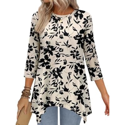 [JUSTFASHIONNOW] JUSTFASHIONNOW 3/4 Length Sleeve Tunic Tops for Women Loose Fit Dressy Casual Blouses Shirts with Asymmetrical Hem S-3XL