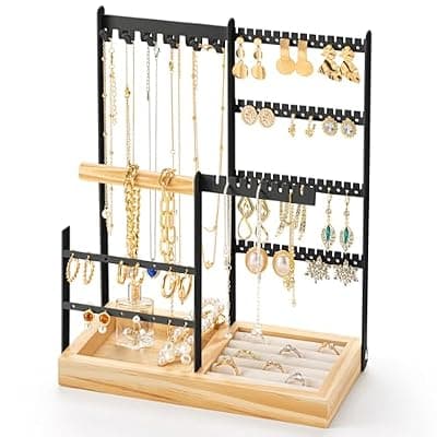 [DreamGenius] DreamGenius Jewelry Organizer Stand with Velvet Ring Holder, 4 Tier Jewelry Holder Organizer with 11 Hooks for Necklaces and 132 Holes for Earrings, Black