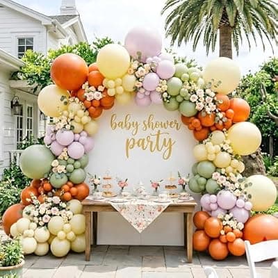 [Olamivra] Double Stuffed Sage Green Orange Yellow Balloon Arch Garland Kit | Pale Purple Lavender, Ivory latex Balloon for Neutral Baby Shower, Summer Birthday, Bridal Wedding, Farmers Market Party