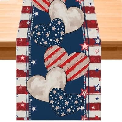 [Oeyliz] Oeyliz 4th of July Decorations Table Runner Memorial Day Table Runner Fourth of July Decorations Independence Day Decor Heart Pattern Patriotic Decor 13x72 Inches Home Party Decor