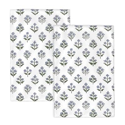 [Sorktse] Sorktse Blue Sage Green Floral Kitchen Towels Vintage Block Print Dish Towel 16×24 Inch Soft Absorbent Spring Summer Flowers Hand Cloths Decorative for Kitchen Drying Set of 2