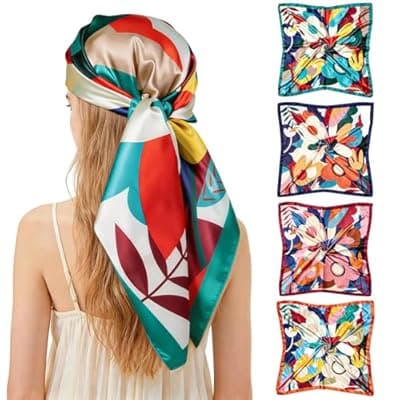 [Ciormis] Ciormis 35" Silk Head Scarf for Women, 4 Pcs Satin Hair Scarf Square Silk Bandana Top Neck Scarves Hair Wraps for Sleeping