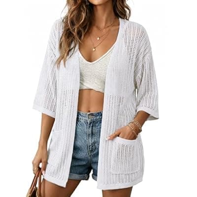 [BB&KK] BB&KK Lightweight Summer Crochet Cardigan for Women 3/4 Sleeve Open Front Sheer Knit Boho Kimono Cardigans with Pockets