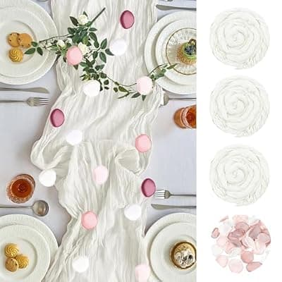 [HLDEJAAJ] HLDEJAAJ 3 Pack Cheesecloth Table Runner, 10FT Boho Gauze Romantic Table Runner for Wedding, Birthday Party, Home Decoration, Rectangular, Hand Wash Only (Ivory White, 3pcs+150pcs Rose Petals)