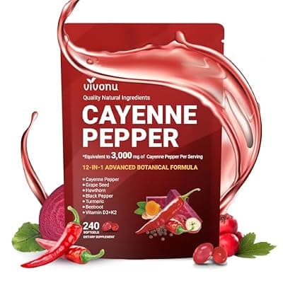 [VivoNu] Cayenne Pepper Softgels Supplement, Supports Leg Vein, Heart and Blood Vessel Health, with Vitamin E D3+K2 and Extracts of Grape Seed, Hawthorn, Beetroot, Berberine and Others (Softgels / 1 Bag)
