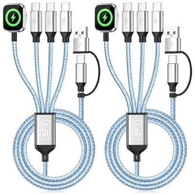 [Jogrytece] 4in2 Multi Charging Cable for iWatch Charger/iPhone Charger/CarPlay Cable, Travel Vacation Essentials, (2Pack 5FT) 3 X USB C/iWatch Charger Cords for iWatch 11-1/iPhone 17-15, Android Car, Blue